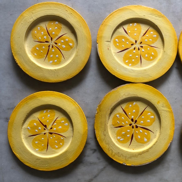 Vintage Lemon Yellow Hand Painted Flower Wooden Coaster Set of 6 - Picture 3 of 4